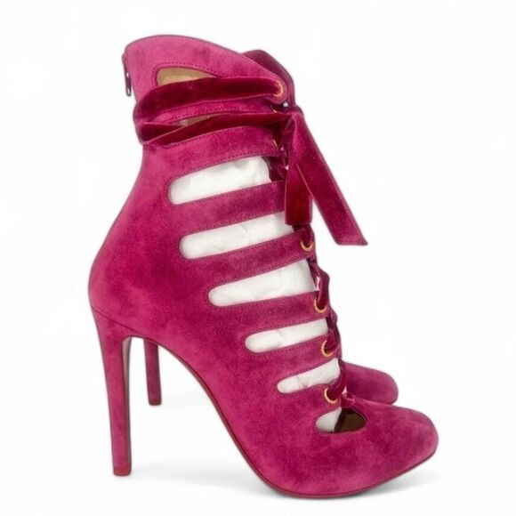 NEW CHRISTIAN LOUBOUTIN Spinetita Loulou Pink Lace-Up Booties Size EU36.5 - Picture 4 of 11